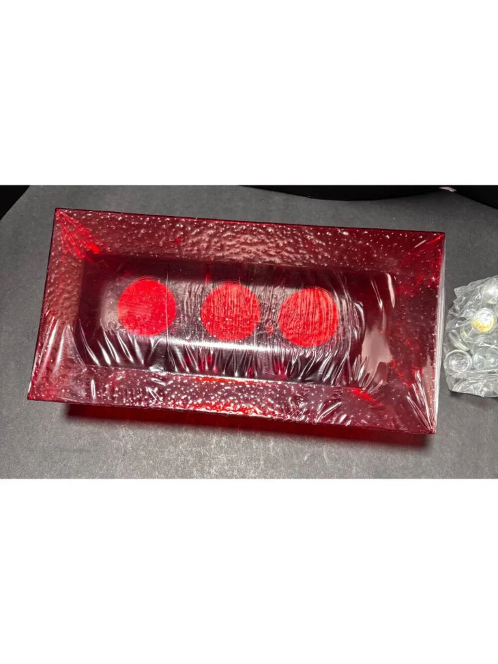 Red Glass Tealight Holder Set With Tray & Decorative Stones 3pc Holiday Festive